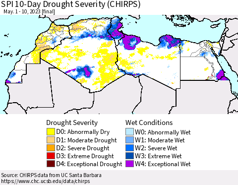 North Africa SPI 10-Day Drought Severity (CHIRPS) Thematic Map For 5/1/2023 - 5/10/2023