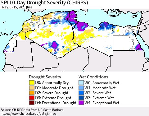 North Africa SPI 10-Day Drought Severity (CHIRPS) Thematic Map For 5/6/2023 - 5/15/2023