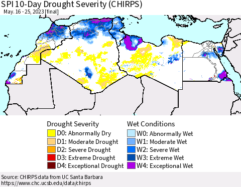 North Africa SPI 10-Day Drought Severity (CHIRPS) Thematic Map For 5/16/2023 - 5/25/2023