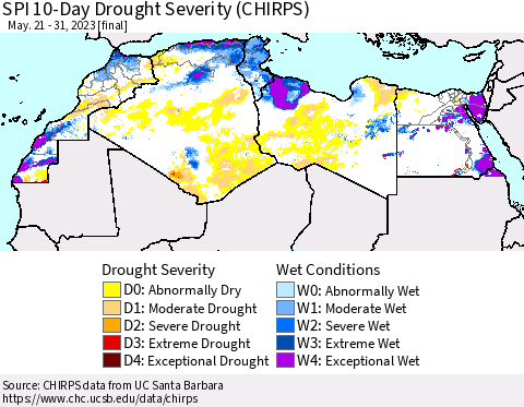North Africa SPI 10-Day Drought Severity (CHIRPS) Thematic Map For 5/21/2023 - 5/31/2023