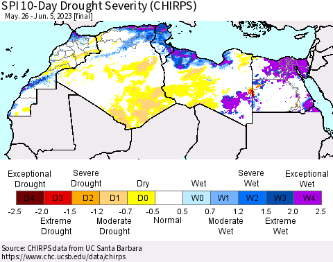 North Africa SPI 10-Day Drought Severity (CHIRPS) Thematic Map For 5/26/2023 - 6/5/2023