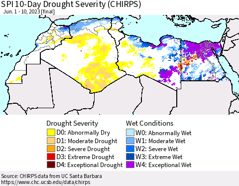 North Africa SPI 10-Day Drought Severity (CHIRPS) Thematic Map For 6/1/2023 - 6/10/2023