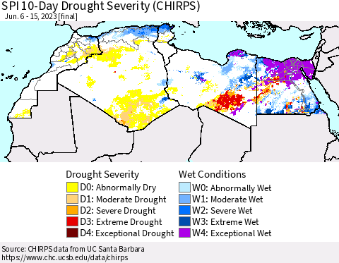 North Africa SPI 10-Day Drought Severity (CHIRPS) Thematic Map For 6/6/2023 - 6/15/2023