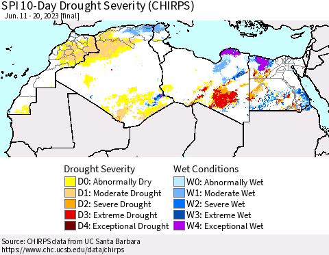 North Africa SPI 10-Day Drought Severity (CHIRPS) Thematic Map For 6/11/2023 - 6/20/2023