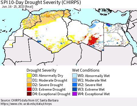 North Africa SPI 10-Day Drought Severity (CHIRPS) Thematic Map For 6/16/2023 - 6/25/2023