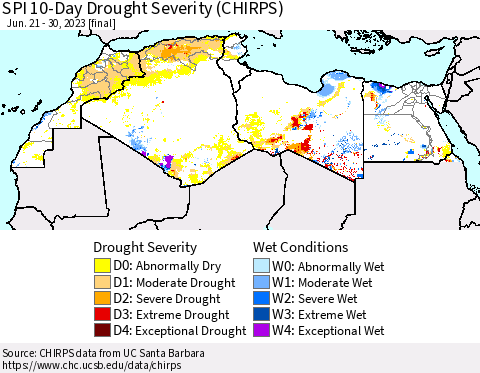 North Africa SPI 10-Day Drought Severity (CHIRPS) Thematic Map For 6/21/2023 - 6/30/2023