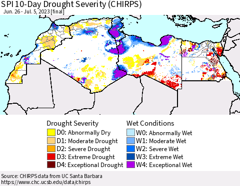 North Africa SPI 10-Day Drought Severity (CHIRPS) Thematic Map For 6/26/2023 - 7/5/2023