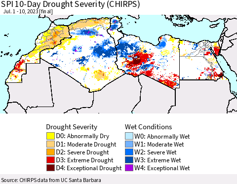 North Africa SPI 10-Day Drought Severity (CHIRPS) Thematic Map For 7/1/2023 - 7/10/2023