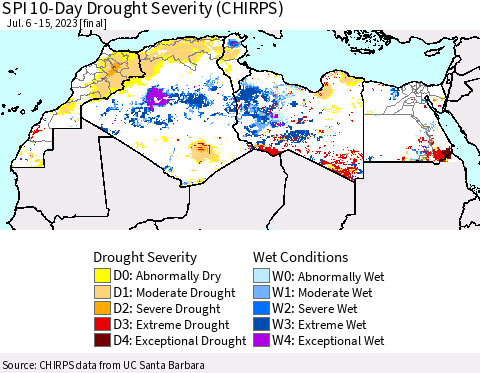 North Africa SPI 10-Day Drought Severity (CHIRPS) Thematic Map For 7/6/2023 - 7/15/2023