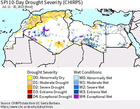 North Africa SPI 10-Day Drought Severity (CHIRPS) Thematic Map For 7/11/2023 - 7/20/2023
