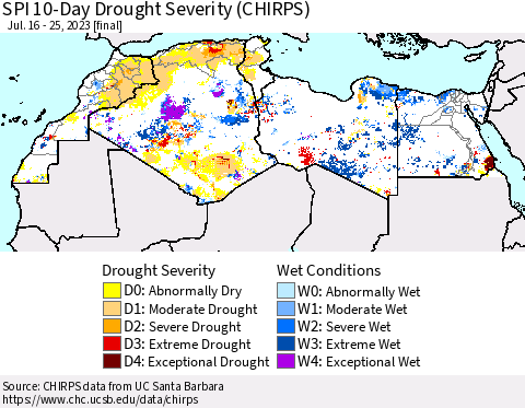 North Africa SPI 10-Day Drought Severity (CHIRPS) Thematic Map For 7/16/2023 - 7/25/2023