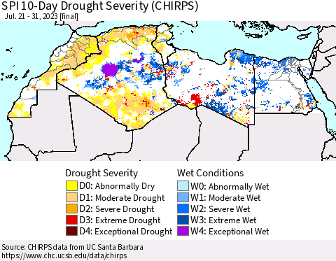 North Africa SPI 10-Day Drought Severity (CHIRPS) Thematic Map For 7/21/2023 - 7/31/2023