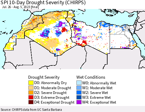 North Africa SPI 10-Day Drought Severity (CHIRPS) Thematic Map For 7/26/2023 - 8/5/2023