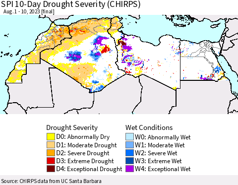 North Africa SPI 10-Day Drought Severity (CHIRPS) Thematic Map For 8/1/2023 - 8/10/2023