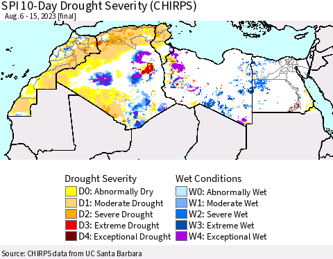 North Africa SPI 10-Day Drought Severity (CHIRPS) Thematic Map For 8/6/2023 - 8/15/2023