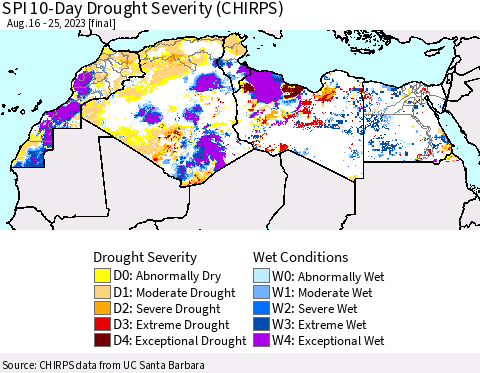 North Africa SPI 10-Day Drought Severity (CHIRPS) Thematic Map For 8/16/2023 - 8/25/2023