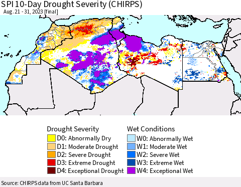 North Africa SPI 10-Day Drought Severity (CHIRPS) Thematic Map For 8/21/2023 - 8/31/2023