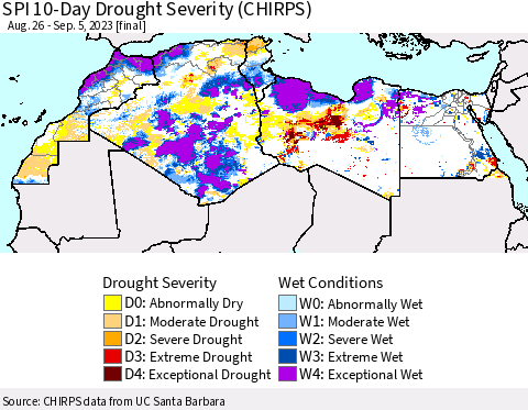 North Africa SPI 10-Day Drought Severity (CHIRPS) Thematic Map For 8/26/2023 - 9/5/2023
