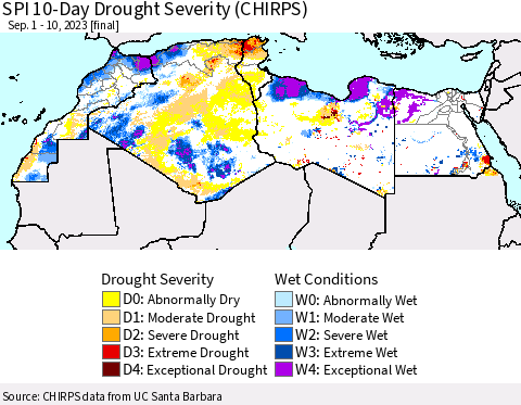 North Africa SPI 10-Day Drought Severity (CHIRPS) Thematic Map For 9/1/2023 - 9/10/2023