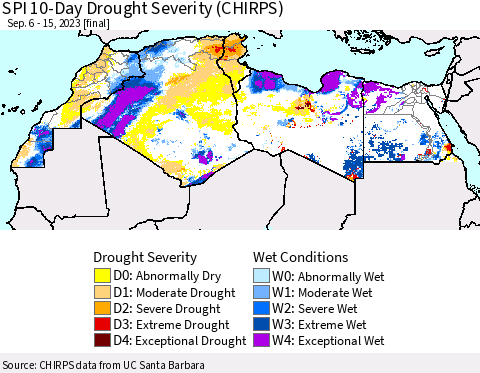 North Africa SPI 10-Day Drought Severity (CHIRPS) Thematic Map For 9/6/2023 - 9/15/2023