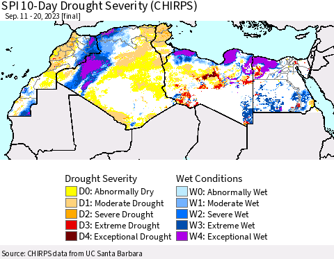 North Africa SPI 10-Day Drought Severity (CHIRPS) Thematic Map For 9/11/2023 - 9/20/2023