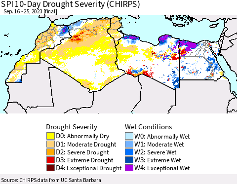 North Africa SPI 10-Day Drought Severity (CHIRPS) Thematic Map For 9/16/2023 - 9/25/2023