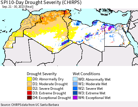 North Africa SPI 10-Day Drought Severity (CHIRPS) Thematic Map For 9/21/2023 - 9/30/2023