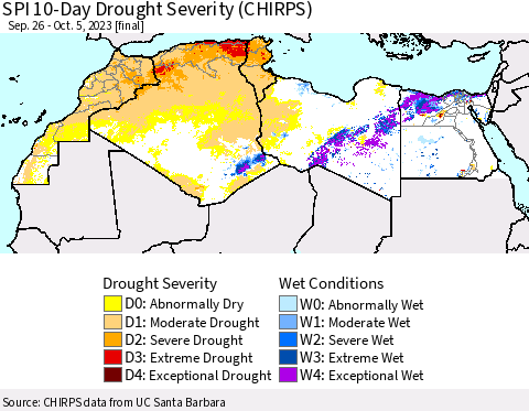 North Africa SPI 10-Day Drought Severity (CHIRPS) Thematic Map For 9/26/2023 - 10/5/2023