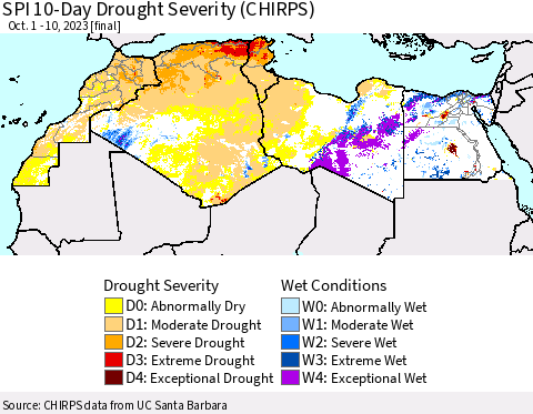 North Africa SPI 10-Day Drought Severity (CHIRPS) Thematic Map For 10/1/2023 - 10/10/2023