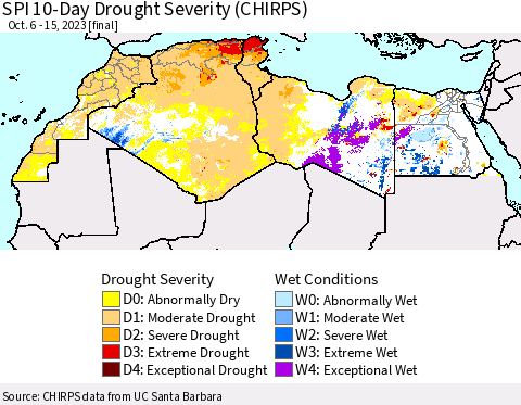North Africa SPI 10-Day Drought Severity (CHIRPS) Thematic Map For 10/6/2023 - 10/15/2023