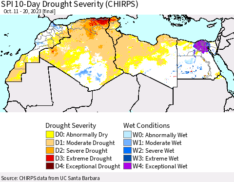 North Africa SPI 10-Day Drought Severity (CHIRPS) Thematic Map For 10/11/2023 - 10/20/2023