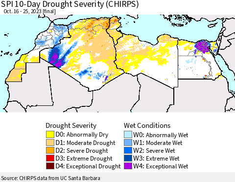 North Africa SPI 10-Day Drought Severity (CHIRPS) Thematic Map For 10/16/2023 - 10/25/2023
