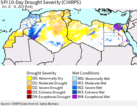 North Africa SPI 10-Day Drought Severity (CHIRPS) Thematic Map For 10/21/2023 - 10/31/2023