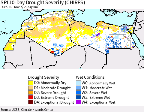 North Africa SPI 10-Day Drought Severity (CHIRPS) Thematic Map For 10/26/2023 - 11/5/2023