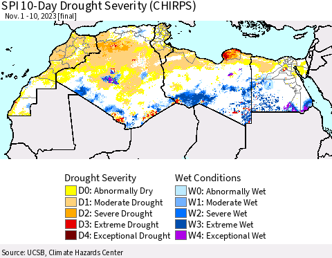 North Africa SPI 10-Day Drought Severity (CHIRPS) Thematic Map For 11/1/2023 - 11/10/2023