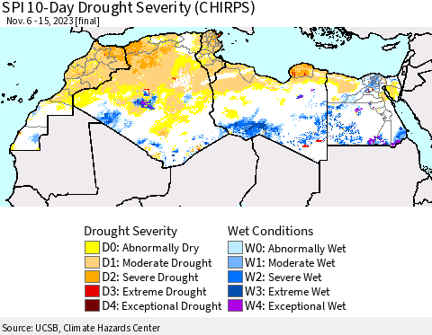 North Africa SPI 10-Day Drought Severity (CHIRPS) Thematic Map For 11/6/2023 - 11/15/2023