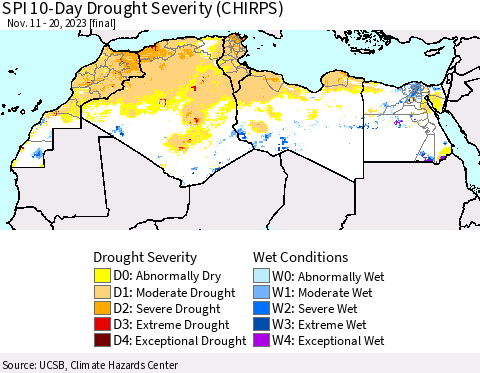 North Africa SPI 10-Day Drought Severity (CHIRPS) Thematic Map For 11/11/2023 - 11/20/2023