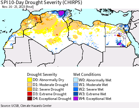 North Africa SPI 10-Day Drought Severity (CHIRPS) Thematic Map For 11/16/2023 - 11/25/2023