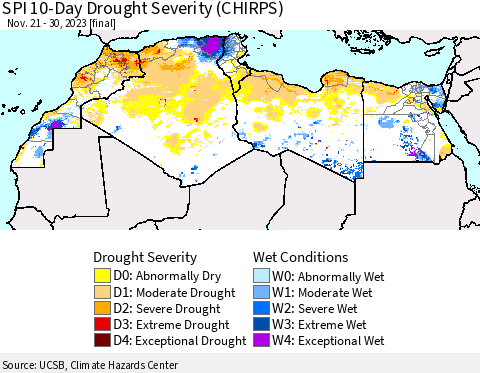 North Africa SPI 10-Day Drought Severity (CHIRPS) Thematic Map For 11/21/2023 - 11/30/2023