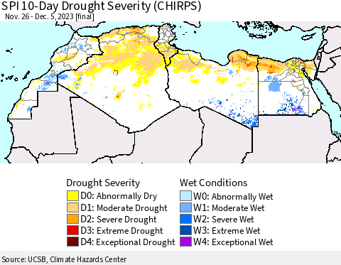 North Africa SPI 10-Day Drought Severity (CHIRPS) Thematic Map For 11/26/2023 - 12/5/2023