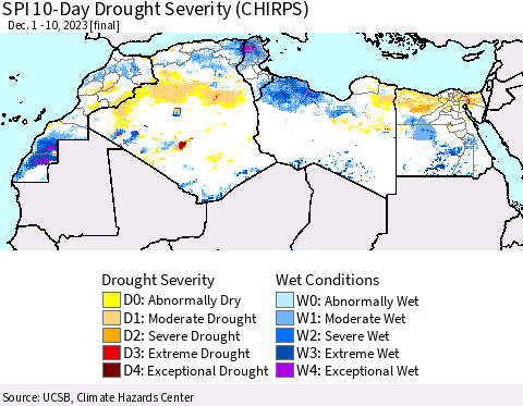 North Africa SPI 10-Day Drought Severity (CHIRPS) Thematic Map For 12/1/2023 - 12/10/2023
