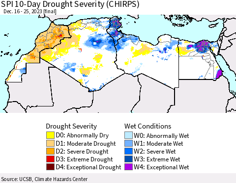 North Africa SPI 10-Day Drought Severity (CHIRPS) Thematic Map For 12/16/2023 - 12/25/2023