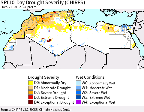 North Africa SPI 10-Day Drought Severity (CHIRPS) Thematic Map For 12/21/2023 - 12/31/2023