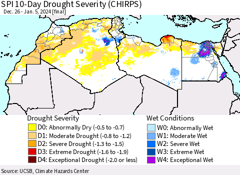 North Africa SPI 10-Day Drought Severity (CHIRPS) Thematic Map For 12/26/2023 - 1/5/2024