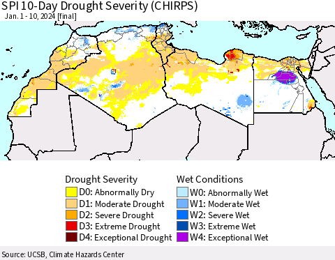 North Africa SPI 10-Day Drought Severity (CHIRPS) Thematic Map For 1/1/2024 - 1/10/2024