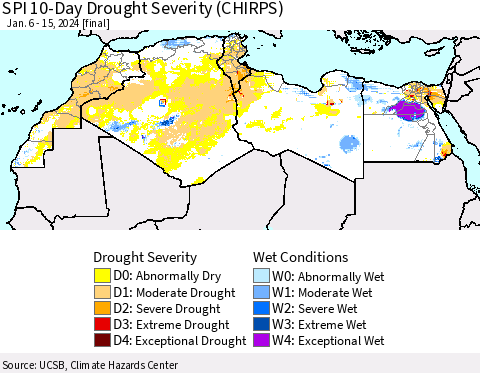 North Africa SPI 10-Day Drought Severity (CHIRPS) Thematic Map For 1/6/2024 - 1/15/2024