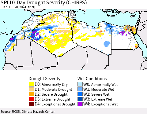 North Africa SPI 10-Day Drought Severity (CHIRPS) Thematic Map For 1/11/2024 - 1/20/2024