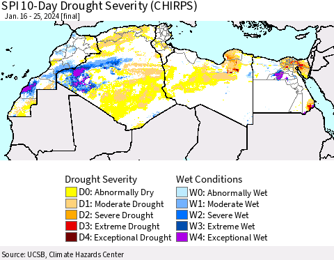 North Africa SPI 10-Day Drought Severity (CHIRPS) Thematic Map For 1/16/2024 - 1/25/2024