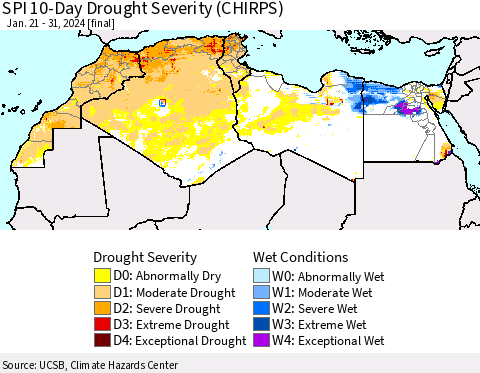 North Africa SPI 10-Day Drought Severity (CHIRPS) Thematic Map For 1/21/2024 - 1/31/2024
