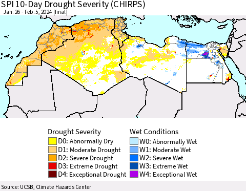 North Africa SPI 10-Day Drought Severity (CHIRPS) Thematic Map For 1/26/2024 - 2/5/2024